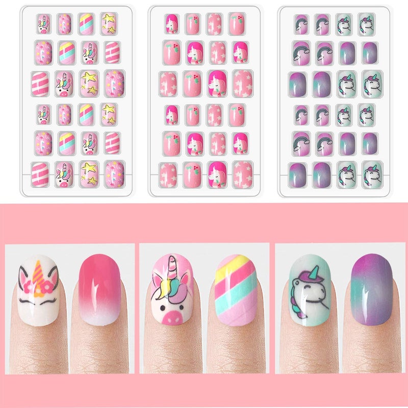 Laza 120pcs Children Nails Press On Pre-glue Full Cover Glitter Gradient Color Rainbow Sparkling Star Unicorn Shell Short False Nail Kits for Kids Teenager Girls - Legend of Unicorn - Image 3
